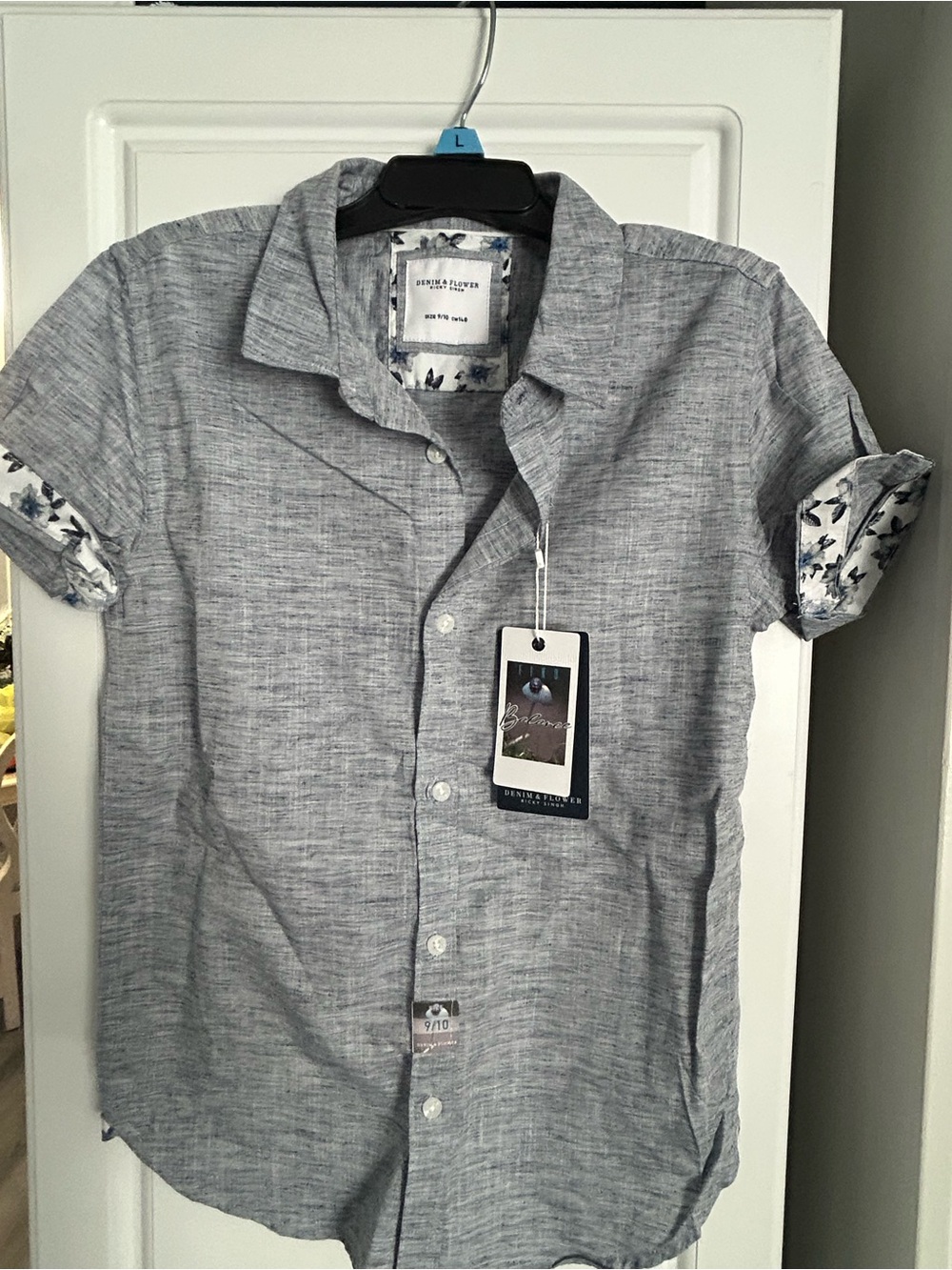 Denim & Flower Short Sleeve Button-Down Shirt - Light Gray with Floral Cuff